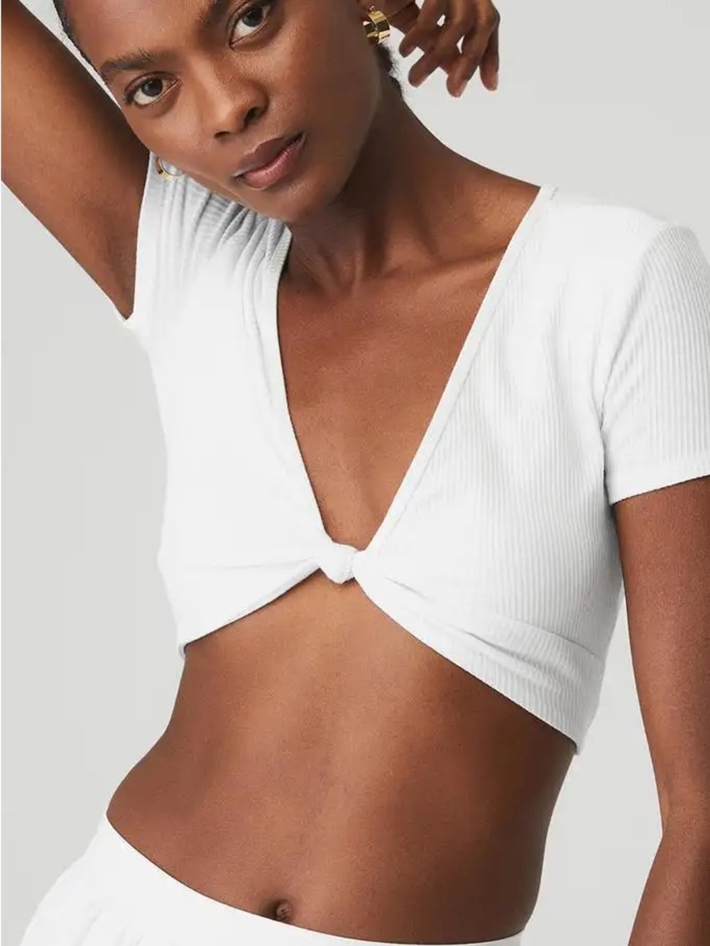 NWT ALO Yoga Ribbed Knotty Short Sleeve Crop Top White